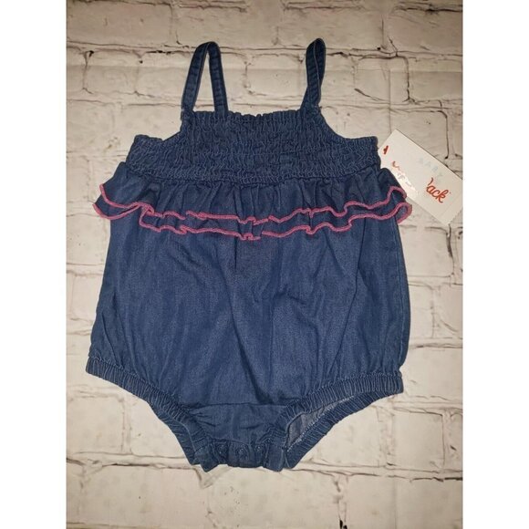 Cat & Jack Blue Denim with Pink Trim Baby Romper Size 3-6 Month One Piece New - Picture 1 of 2